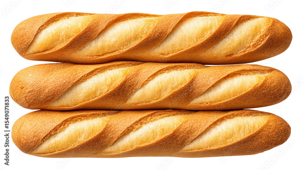 Poster three isolated baguette bread on transparent background with golden crust and fresh texture