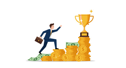 Business success concept with man climbing money to golden trophy for achievement design vector illustration