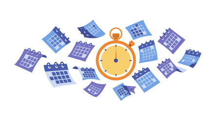 Time management concept with clock and floating calendars in blue and yellow for efficient planning vector illustration