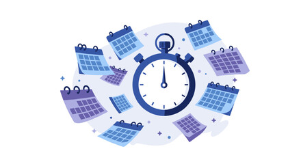 Time management and scheduling concept with stopwatch and floating calendars for design projects vector illustration
