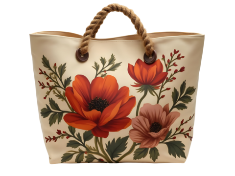 Off White Tote Bag Featuring Hand Painted Red Orange Pink Anemones Floral Design Rope Handles isolated on a transparent background - Powered by Adobe