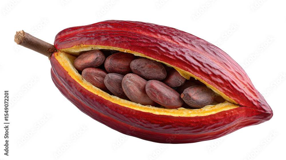 Poster cacao pod isolated on transparent background with seeds inside showing natural texture and color