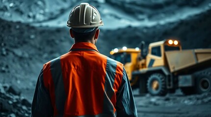 Back view mining engineer standing and excavator and truck parked on top of him with mining industry background