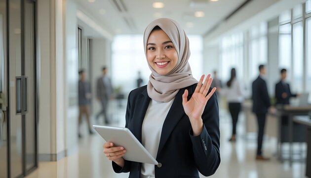 Muslim businesswoman wearing hijab  holding tablet in the office