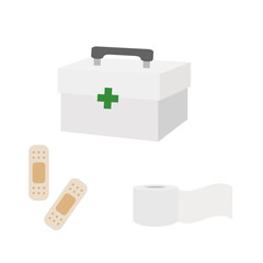救急箱と絆創膏と包帯のシンプルなイラスト素材セット