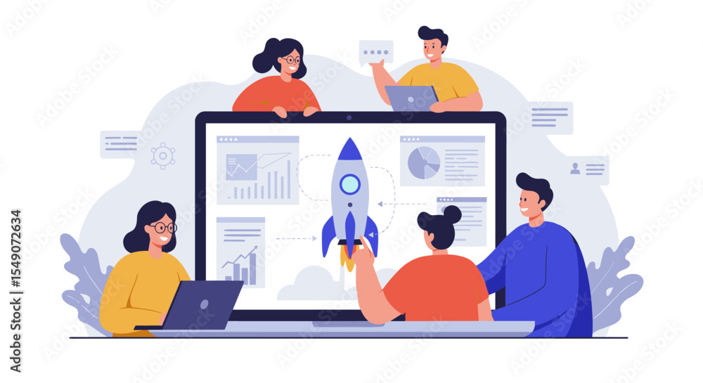 Poster team collaboration for business project with digital analytics in office - vector illustration for d