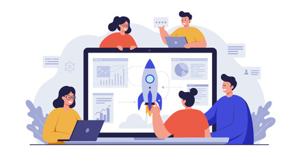 Fototapeta premium Team collaboration for business project with digital analytics in office - vector illustration for design