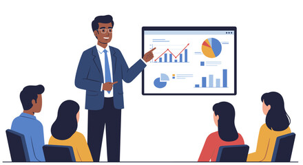Business presentation analysis with team and statistics chart in office meeting vector illustration