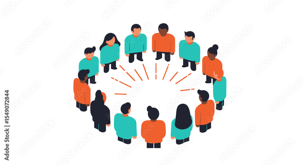 Poster diverse team meeting in circle - collaboration and unity concept for group discussions vector illust