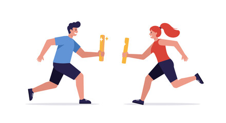 Fototapeta premium Cheerful relay race with enthusiastic runners passing baton in sport competition vector illustration