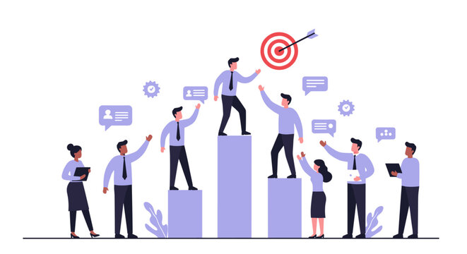 Teamwork and leadership concept with business professionals reaching target goals for presentation and strategy vector illustration