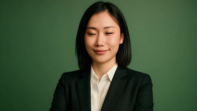 Asian Professional: A serene asian woman poses confidently in a formal business suit, radiating professionalism and calm against a green backdrop.