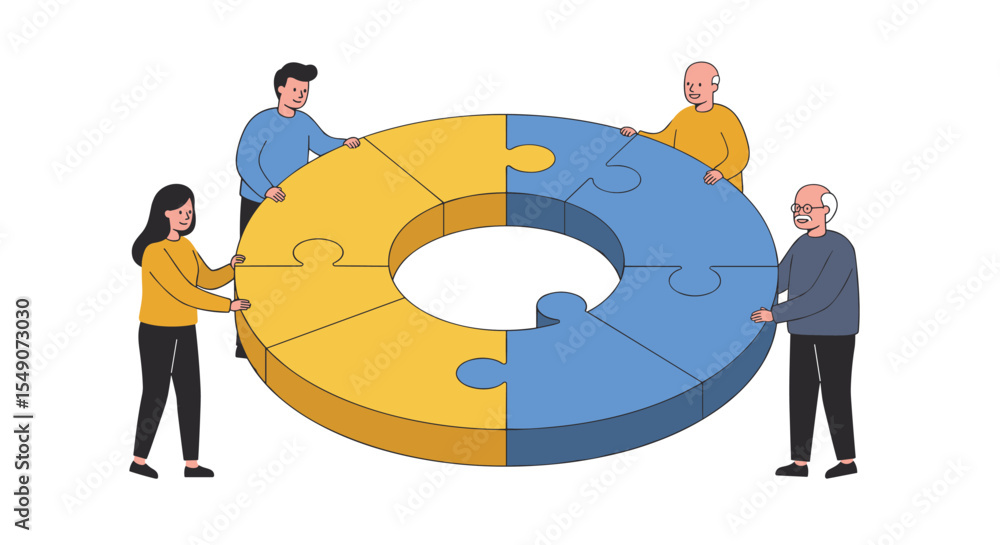 Aufkleber collaborative problem solving with a diverse team completing a giant puzzle vector illustration