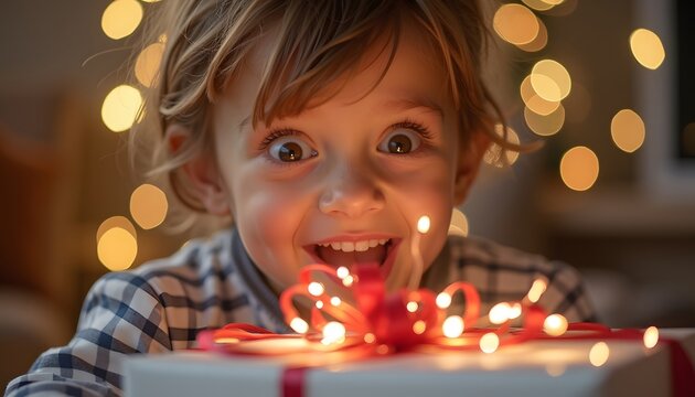 Joyful Young Boy Celebrating Birthday with Sparkler and Gift in Warm Indoor Lighting