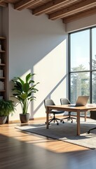 Bright and Modern Office Space with Natural Light and Green Plants for Productive Work Environment