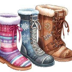 winter boots illustration watercolor style isolated on white background