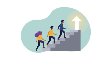 Teamwork and success concept featuring a diverse group climbing stairs towards an arrow symbolizing achievement vector illustration