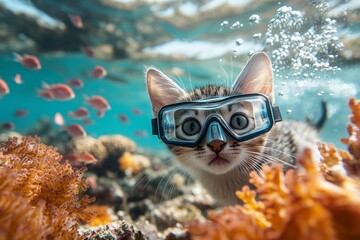 A small cat wearing a snorkeling mask dives into clear waters, surrounded by colorful coral and fish. The curious feline observes its vibrant surroundings with wide eyes