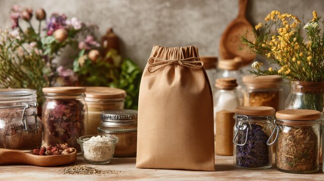 Compostable pouch in earthy brown with resealable zip on a softly blurred kitchen pantry backdrop