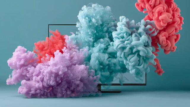 Colorful abstract smoke clouds in vibrant shades of pink, blue, and purple, billowing from a rectangular frame, creating a dynamic visual display with a modern artistic flair and captivating energy