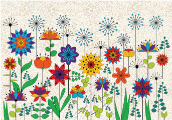 colour vector summer holidays or happy easter card with vibrant flat folk style flowers on grunge grain background, floral background with noise texture and place for your text	