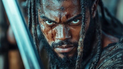This striking image captures a fierce warrior with intense expression, bloodied face, and a sword, showcasing bravery, strength, and determination in a battle-ready stance.