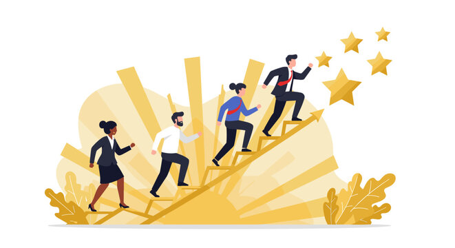Team success journey reaching goals - business growth and achievement vector illustration