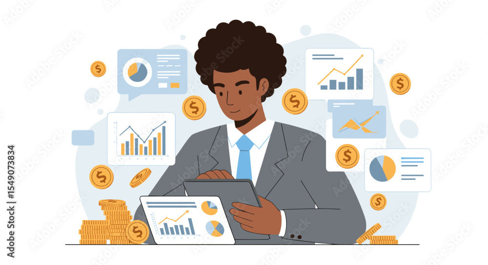 Poster business analyst exploring financial growth with digital charts and data visualization for strategic