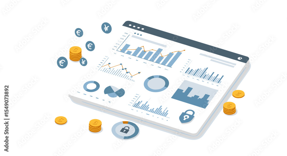 Poster financial data visualization with coins and graphs for business analysis design vector illustration