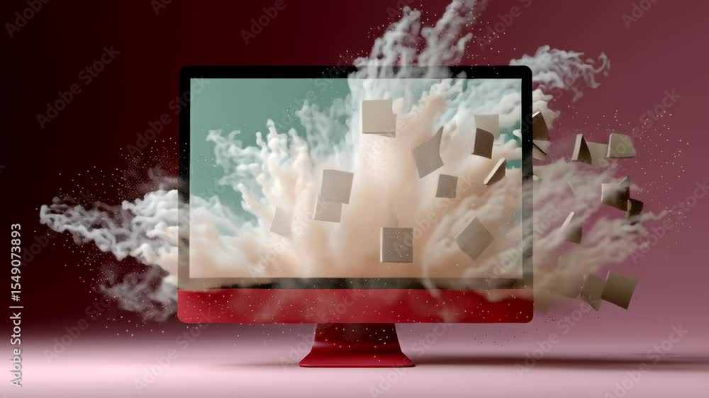 Poster computer monitor with vibrant red base, surrounded by dynamic cloud of dust and floating paper squar