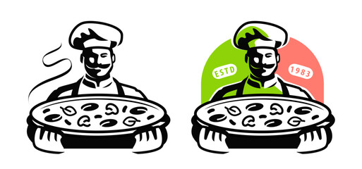Chef cook in hat with freshly baked pizza. Italian food. Emblem, symbol for restaurant or cafe menu