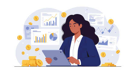 Businesswoman analyzing financial data for investment strategy and growth vector illustration