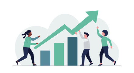 Fototapeta premium Teamwork in business growth concept with people and rising arrow graphic for corporate progress illustration vector illustration