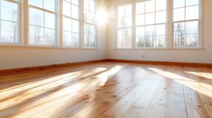 Fototapeta premium A bright, sunlit room with large windows and wooden flooring, creating a warm, inviting feel ideal for modern living and tranquil spaces filled with natural light.