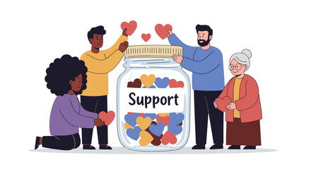 Community support concept with diverse group holding hearts for charity and care initiatives vector illustration