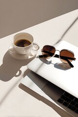 A laptop, sunglasses, and coffee cup on a light beige surface.