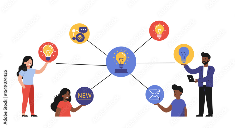 Poster collaborative brainstorming and idea sharing among diverse team with innovation concept vector illus
