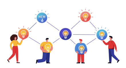 Creative idea sharing and innovation network for team collaboration vector illustration