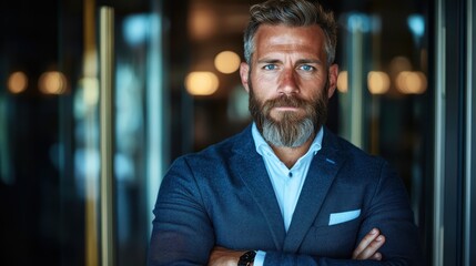 Fototapeta premium A close-up portrait of a confident businessman with a well-groomed beard and stylish clothing, exuding professionalism, charisma, and strength in a contemporary business setting.