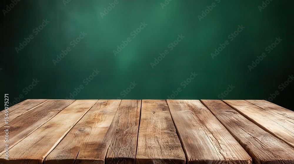 Poster a rustic wooden table set against a muted green background, creating a perfect space for creative fo