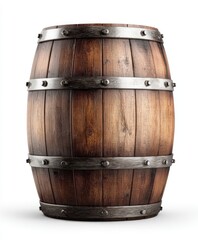 Obraz premium Classic wooden barrel with metal bands isolated on white background for storage or decoration
