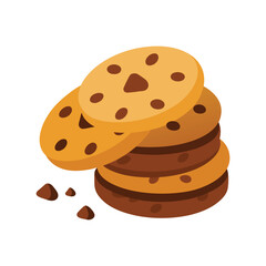Vector Stacked Chocolate Chip Cookies with Scattered Chips on White Background