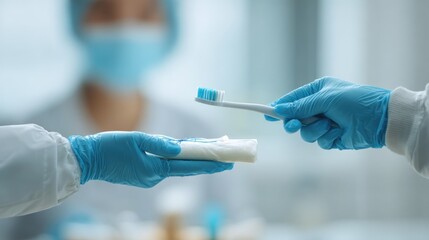 Medical professionals wea gloves and mask handling a toothbrush and test tube in laboratory setting