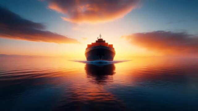 Cargo ship sailing calm ocean water sunset with vibrant sky, clouds, and reflection creating peaceful silhouette sea horizon, vessel navigating maritime freight industry wave navigation dusk travel