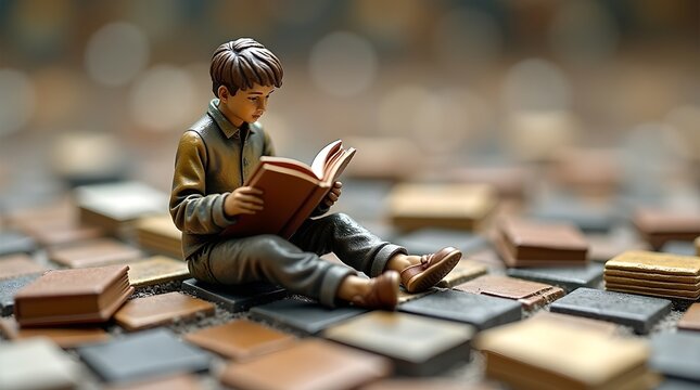 Boy Reading Book Miniature Figurine Sitting Amongst Tiny Book Tiles, Focused Study, Literary Scene, Detailed Craftsmanship, Warm Lighting, Educational Theme