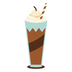 Vector Chocolate Milkshake Glass with Whipped Cream and Straw on White Background