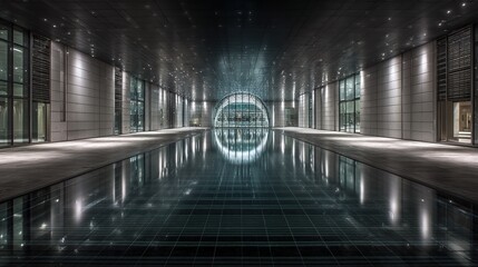 Reflective pool stretches to a curved arch under a dark modern ceiling