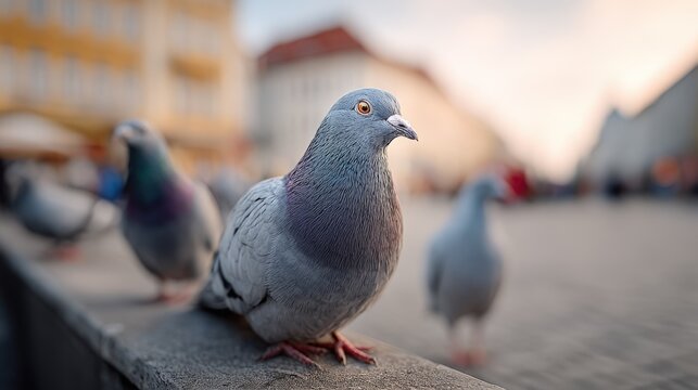 Close-up of a gray pigeon perched on a ledge with blurred background of city street scene du daytime - Powered by Adobe