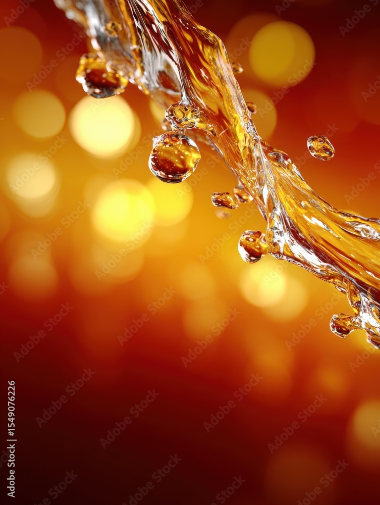 Poster Dynamic close-up of a splash of golden liquid with bokeh background and light reflections