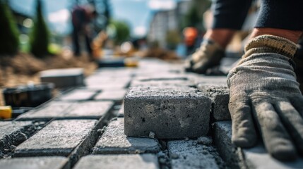 Close-up of a construction worker's gloved hand laying concrete pavers on a pathway du outdoor landscaping project